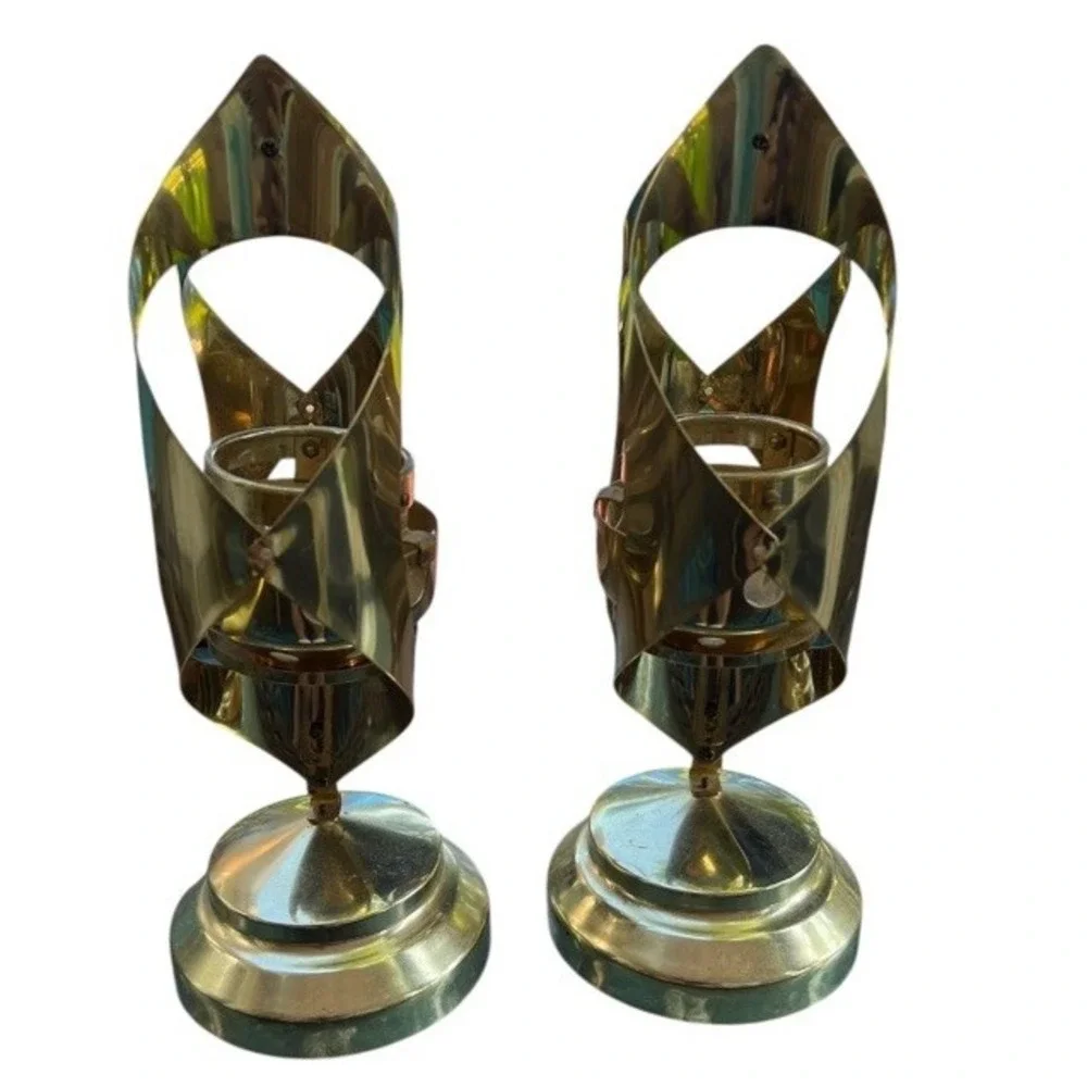 2 Mid Century Modern Candle Holder Gold Metal‎ Sculptural